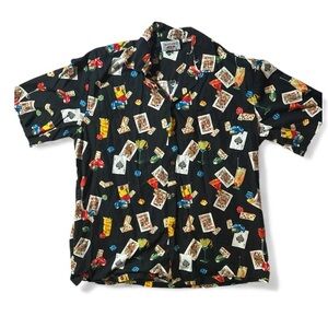 High Roller Vegas Gambling Colorful Playing Card Print Button Up Mens Shirt Used